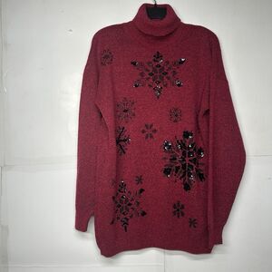 Crescendo Vintage Women’s Medium Red Sequin Snowflake Turtleneck Sweater
